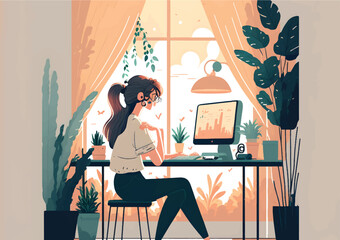 Wall Mural - Vector illustration of a young woman working on the computer in her office analyzing statistics, modern design