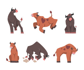 Canvas Print - Bull with Horns and Ring in the Nose as Domestic Cattle with Hoof in Different Pose Vector Set