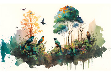 digital watercolor painting, high quality, of a forest landscape with birds and trees, in bright col