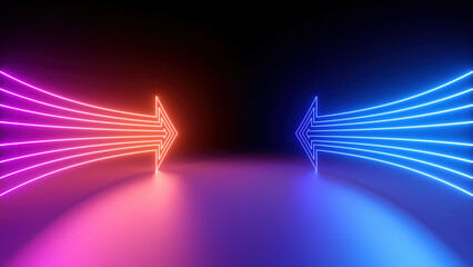 Wall Mural - 3d render, abstract minimalist geometric background. Two counter neon arrows approaching each other. Contradiction concept