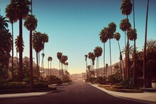 Vintage Retro Toned Palms On Rode Drive, Beverly Hills, Los Angeles. Generative AI