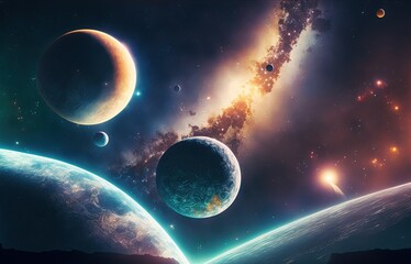 illustration of a few planets in a galaxy sky. ai generated art.