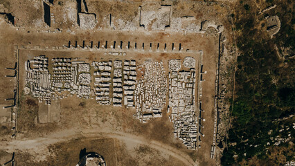 Wall Mural - aerial view of Ancient Side city agora, central hall ruins. Side, Antalya province, Turkey.