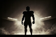 Generative AI. Realistic silhouette of player of american football standing at the colorful dynamic modern american football stadium in night. 