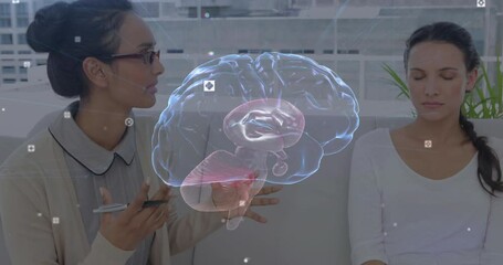 Poster - Animation of digital brain over caucasian woman consulting psychologist