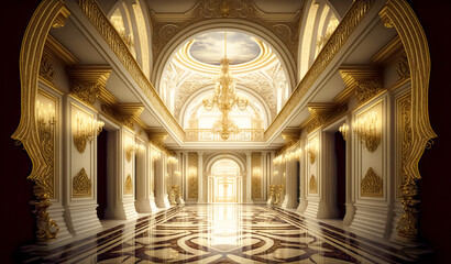 a realistic fantasy interior of the royal palace. golden palace. castle interior. fiction backdrop. 