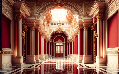 a realistic fantasy interior of the royal palace. golden red palace. castle interior. fiction backdr