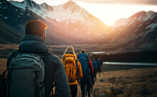 Group Tourists Of Hiker Sporty People Walks In Mountains At Sunset With Backpacks. Concept Banner Adventure With Copy Space. Generation AI