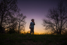 Little Boy Blowing Dandelion Silohette Summer Sunset Purple Yellow