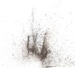 © Jade - Black dried leave Tea explode. Small Fine size tea leaf flying explosion, Abstract cloud fly. Brown colored Teas splash throwing in Air. White background Isolated high speed shutter, throwing freeze