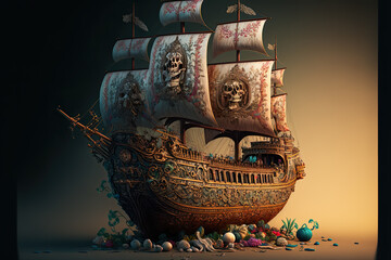 Wall Mural - illustration of a pirate ship painted for Mexican Day of the Dead.