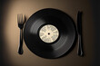 Taste in music. Vinyl record as plate with fork and knife. Created with Generative AI technology.