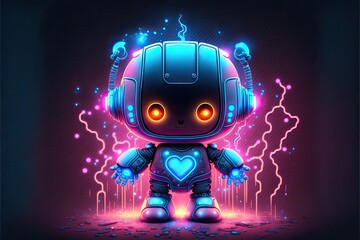 Wall Mural -  cute baby robot cartoon style neon background, generative ai	