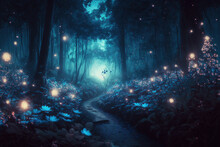 Fantasy Forest At Night, Magic Luminous Flowers In Fairytale Wood, Generative AI