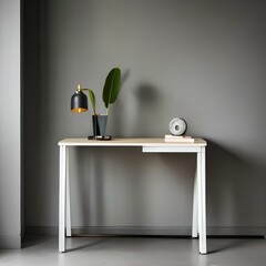 Sticker - Minimalist office space with a gray desk and a single white potted plant1, Generative AI