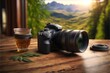 © dhiyaeddine - A professional digital camera on wood table,landscape on the background, Generative ai