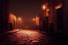At Night In Chicago, A Classic Cobblestone Brick City Lane Is Dark And Unsettling. Generative AI