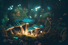 Beautiful Closeup Fantasy Magic Mushroom In Fairy Forest, Fireflies Bokeh Lighting Background, Green Teal Blue Light, Art Graphic Design Wallpaper.
