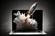 © Kaleb - Rocket taking off from laptop screen on black background, startup concept, Generative AI