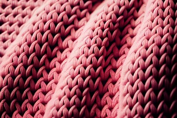 Wall Mural - Coral pink knitted fabric surface abstract background. Decorative knitwear texture closeup, detailed woolen textile. Natural material Coral pink knitted fabric pattern.
