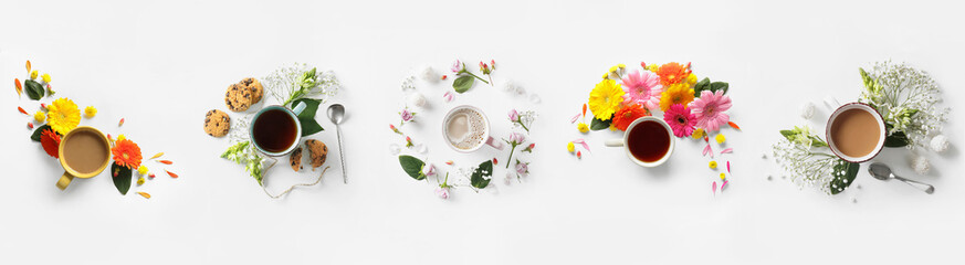 Wall Mural - Collage of flat lay compositions with cups of drinks and flowers on light background