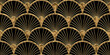 © Unleashed Design - Seamless golden Art Deco palm fan or shell line pattern. Vintage 1920 abstract geometric arches gold plated relief sculpture on black background. Retro maximalist metallic wallpaper. 3D rendering.
