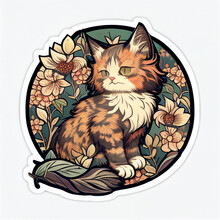 Beautiful Sticker With Old Styled Cute Maine Coon Cat Illustration. Created With Ai Technology.