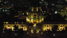 Pasadena City Hall At Night With Christmas Tree, Aerial Pull Back Over City Lights, Establishing Cinematic View