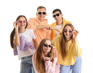 Poster - Group of happy friends in sunglasses on white background