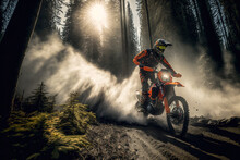 Extreme Sports In Nature:a Person Riding A Orange Motorcycle In The Forest. Generative AI.