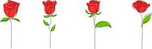 One Single Outline Drawing Of Red Roses In A Row. Set Of 4 Decorative Beautiful English Garden Rose With Bud And Color Spots. Minimalist Hand Drawn Sketch For Valentines Day - Vector Illustration.