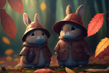 A Pair Of Cute Little Bunnies Wear A Long Coat, A Red Hat AI Generated Artwork