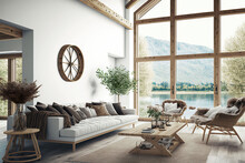 Vacation Lake Luxury Mountain House Living Room Vocational Airbnb With Mountains Landscape View And Comfortable Chair	
