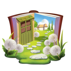 Wall Mural - Opening the book, a fairytale hut with flowers and grass appeared.Concept Art Scenery. Book Illustration. Video Game Scene. Serious Digital Painting. CG Artwork Background. Generative AI
