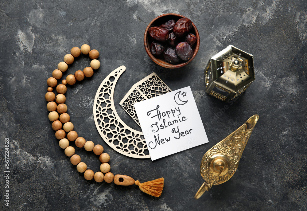 Card with text HAPPY ISLAMIC NEW YEAR, lamps, dates and prayer beads on dark background