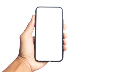 hand holding black smartphone with white screen mockup and isolated on transparent background , png 