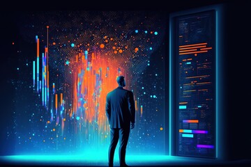 Big data technology and data science. Data scientist querying, analysing and visualizing complex data set on virtual screen. Data flow concept. Business analytics, finance, neural network, AI, ML