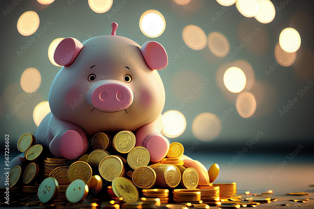 Cute funny kawaii pig bank keeping an eye on a mount of gold coins like ...