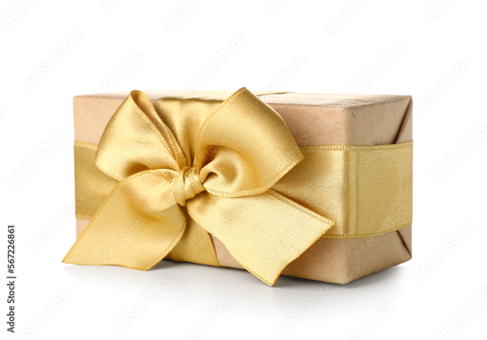 Gift box with yellow bow on white background. International Women's Day celebration