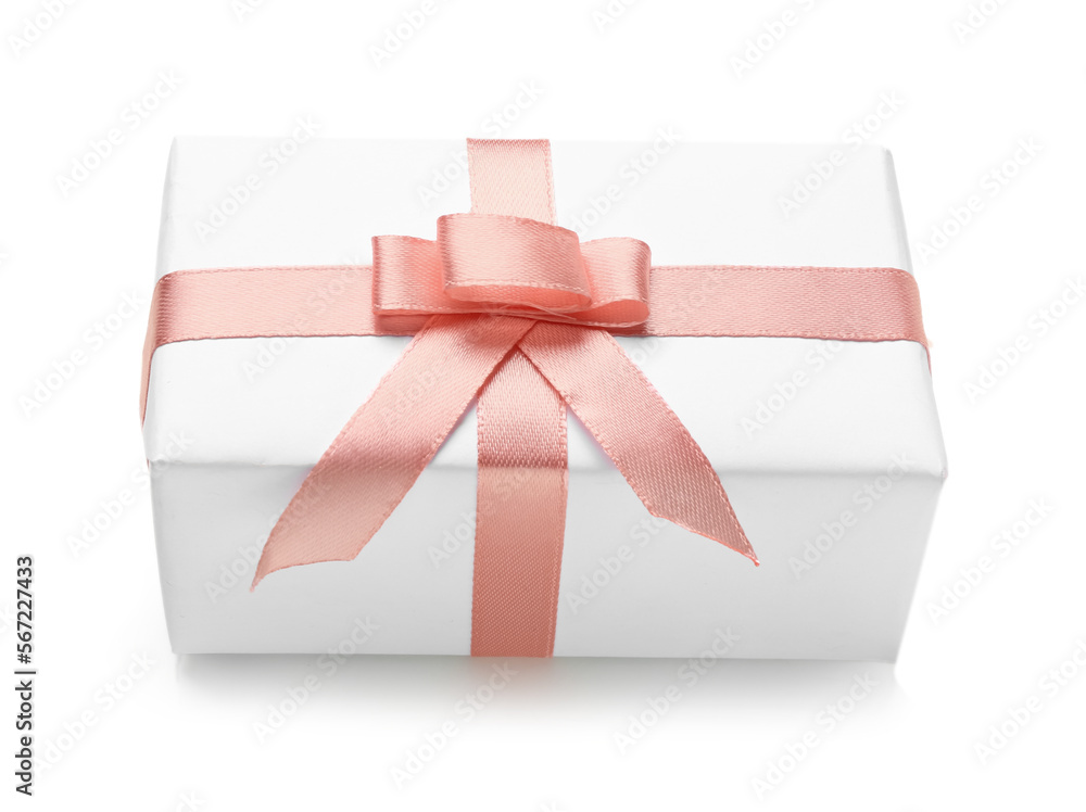 Beautiful gift box tied with pink ribbon isolated on white background. Women's Day celebration