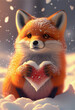 © Vita - Cute Fox with a red Heart. 3D fox character, smiling, fluffy, and cute, sitting in the snow.  3D Illustration for Valentine's Day, Mother's Day, Christmas Holidays,  and Birthdays. Generative AI