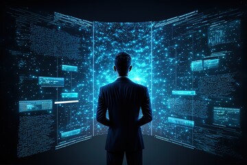 Big data technology and data science. Data scientist querying, analysing and visualizing complex data set on virtual screen. Data flow concept. Business analytics, finance, neural network, AI, ML