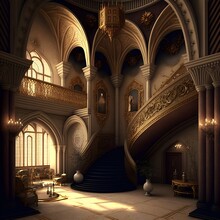 Fantasy Palace Interior With Golden Decor. Generative AI Illustrations.
