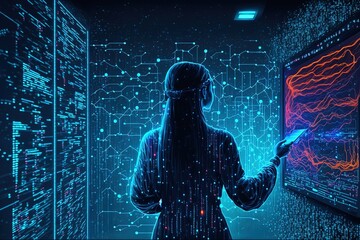 Big data technology and data science. Data scientist querying, analysing and visualizing complex data set on virtual screen. Data flow concept. Business analytics, finance, neural network, AI, ML