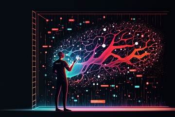 Big data technology and data science. Data scientist querying, analysing and visualizing complex data set on virtual screen. Data flow concept. Business analytics, finance, neural network, AI, ML