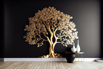 Wall Mural - abstraction of a golden tree on a black background. Generative AI