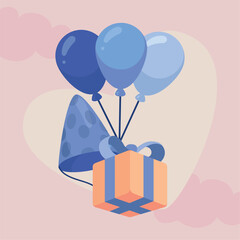 Poster - balloons helium with gift and hat