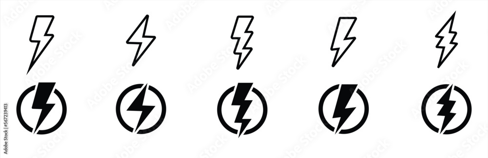 Lightning bolt icon set. Thunderbolt in the circle. Electric power ...