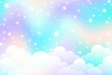 Wall Mural - holographic fantasy rainbow unicorn background with clouds and stars. pastel color sky. magical land