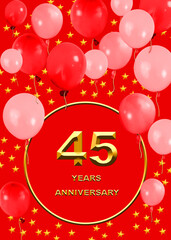 3d illustration, 45 anniversary. golden numbers on a festive background. poster or card for anniversary celebration, party